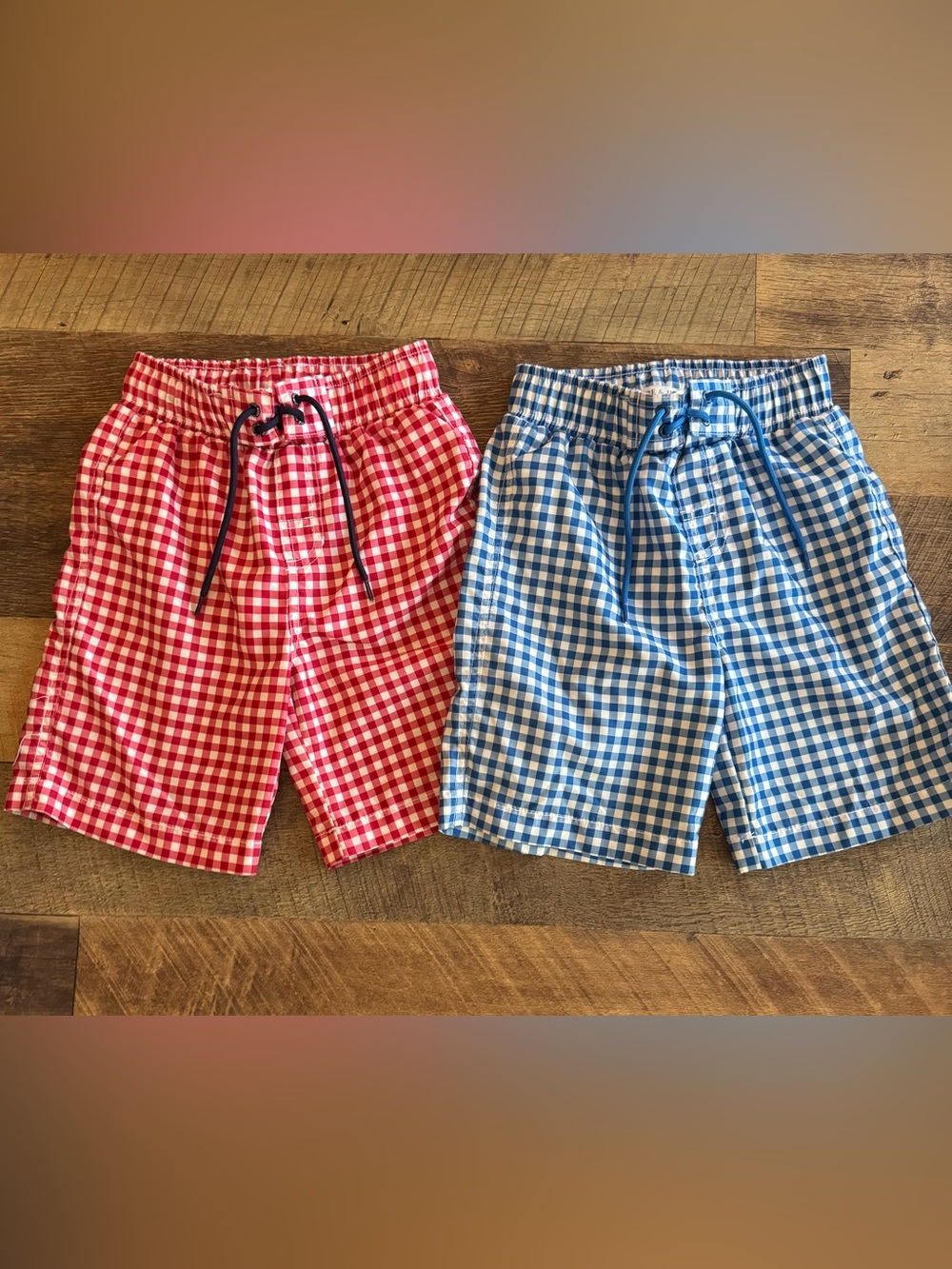 Kids Gingham Swim Trunks - Red & Blue